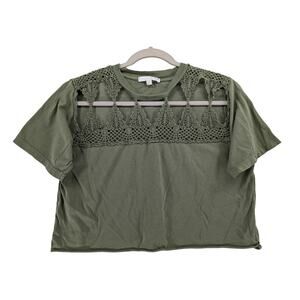 Dont Ask Why‎ Crochet Crop Top One Size Olive Green Short Sleeves Crew Cropped